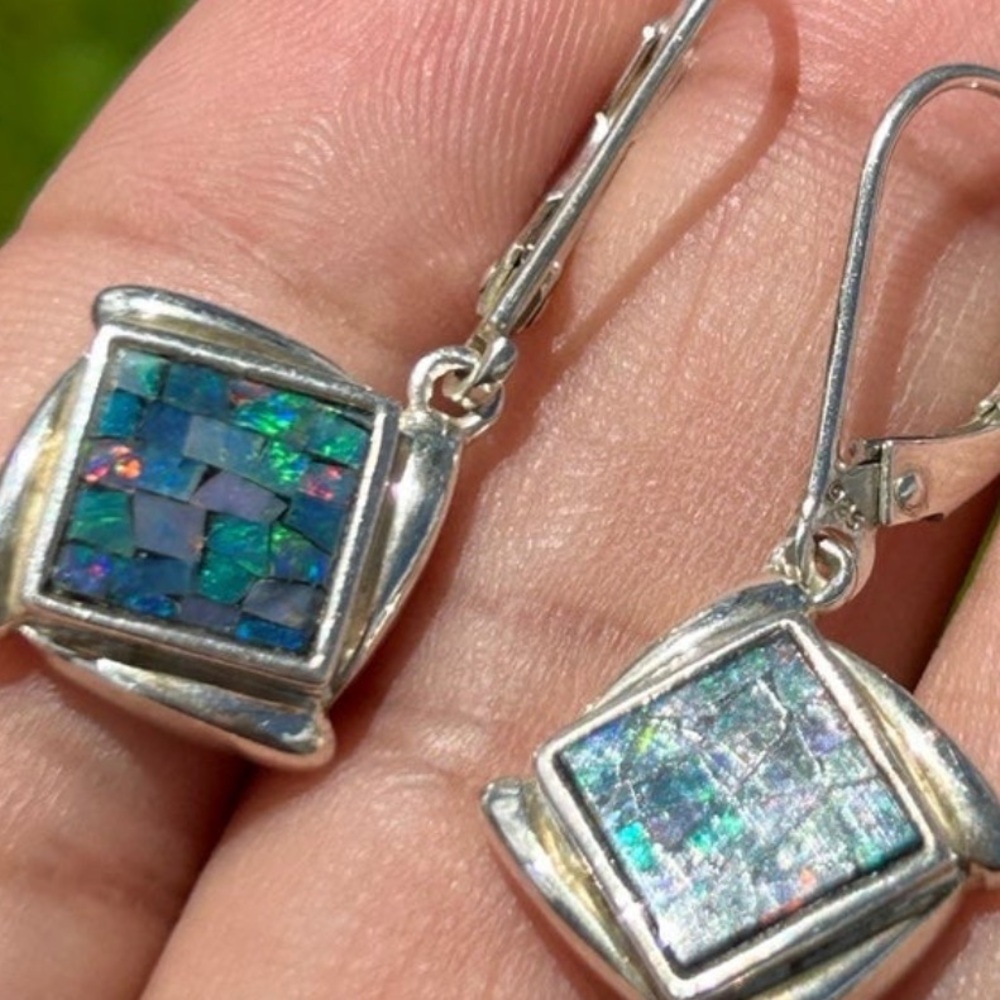 Vintage sterling silver Whitney Kelly Opal Mosaic square drop earrings - Picture 13 of 13